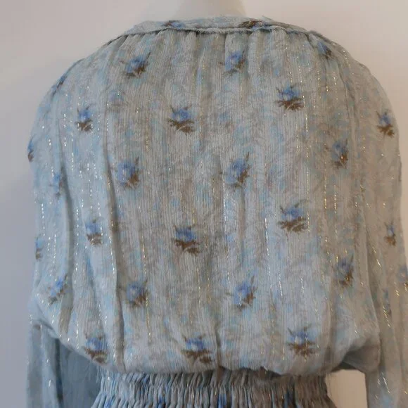 Womens LoveShackFancy Pale Blue Metallic Gold Silk Floral Mini Popover Dress XS - Picture 11 of 15